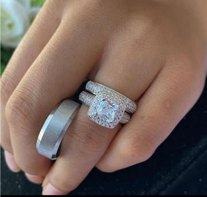 Luxury White Diamond Wedding Ring Complete Couple Set -plated