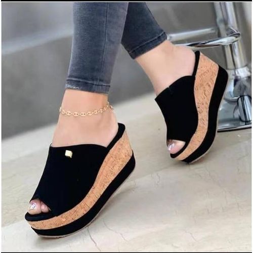 Unique Ladies Mid Heel Wedge Slippers - Black