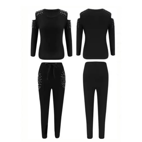 Beading Body Suit Woman 2 Pieces Set- Black