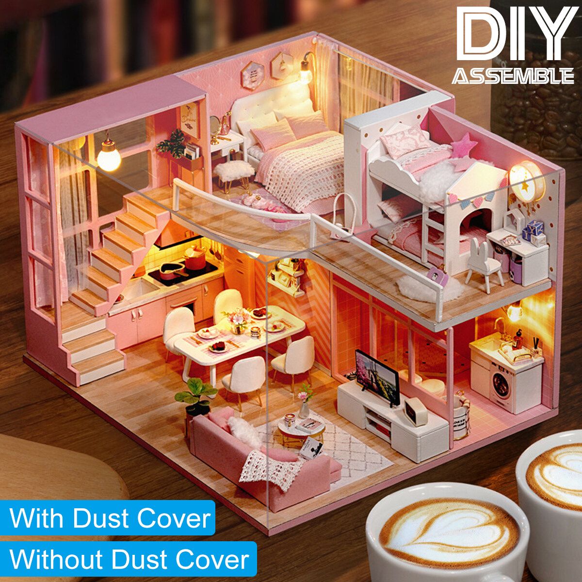 [With/Without Dust Cover] Pink House DIY Assemble 1:32 Scale Wooden Dollhouse Multicolor Without Dust Cover