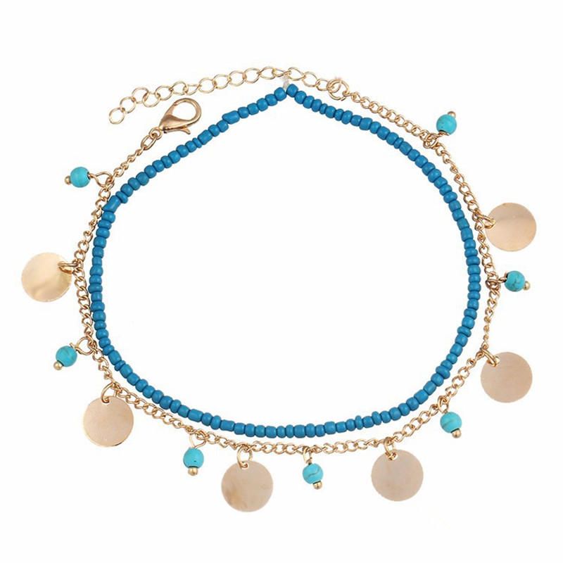 Bohemian Women\'s Anklet Summer Beach Multilayer Blue Bead