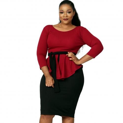 Gabrielle Peplum Top And Pencil Skirt Bundle - Black/Red
