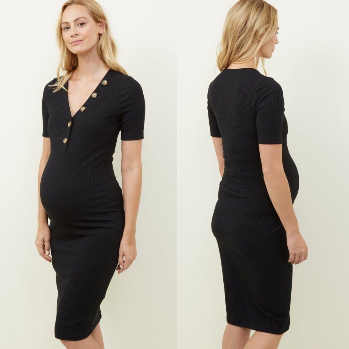 Button Down Vneckline Black Maternity Dress
