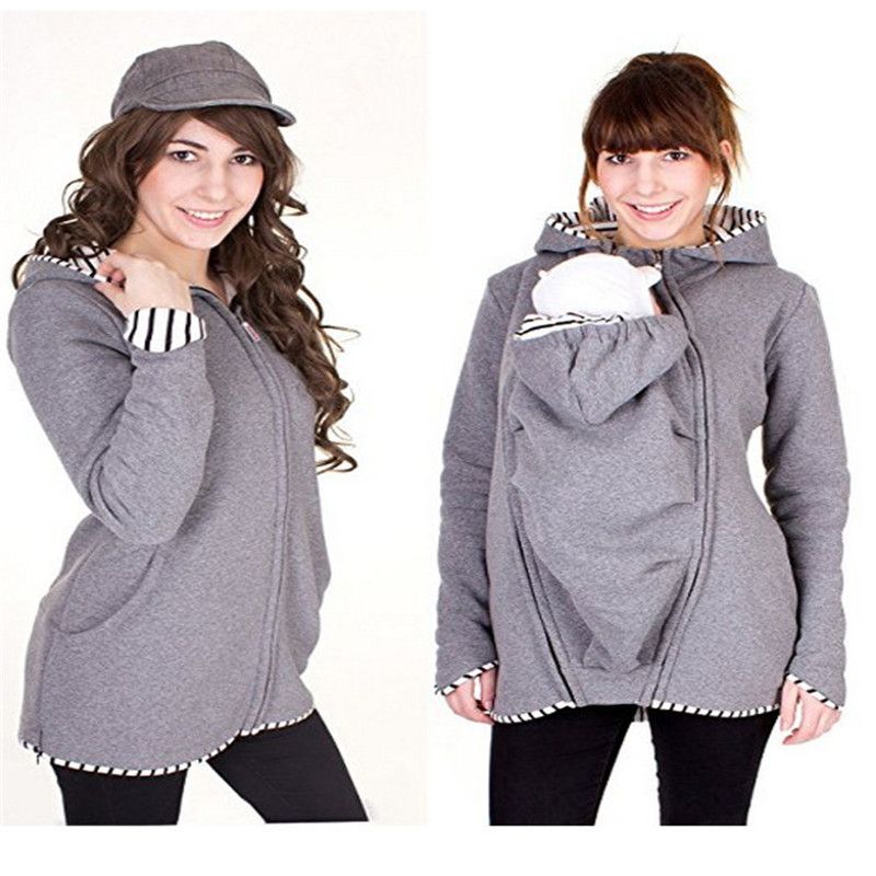 Grey-Pregnant Multifunction Warm Cotton Kangaroo Coat Daddy Chen Baby Holder Maternity