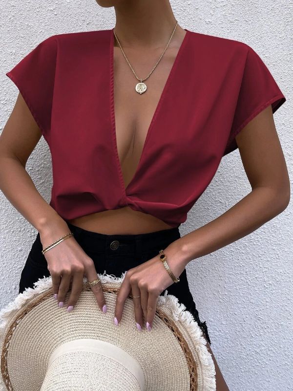 Ladies Plunging Twist Front Solid Top - Burgundy