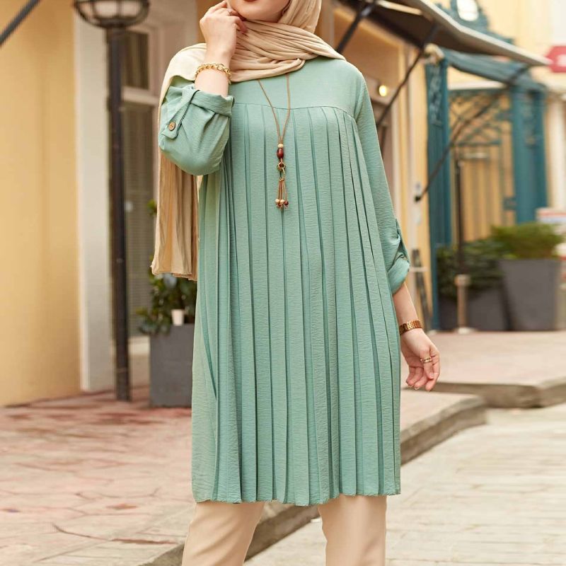 Pleated Tunic Women Long Sleeve Plus Size Tops Turkey Abaya Dubai Long-Green