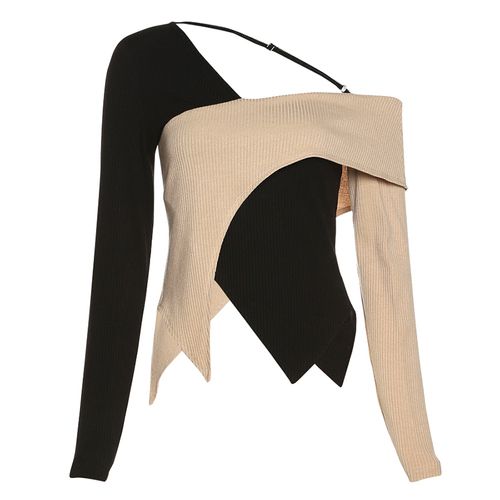 Off-the-Shoulder Scheming Machine Hot Girl Wear Stitching Design Long-Khaki
