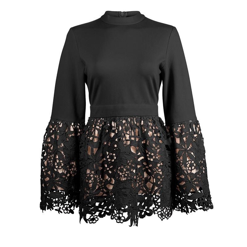 Women Flower Lace Tops Patchwork Muslim Islamic Arab Tunic Bell Sleeve-black