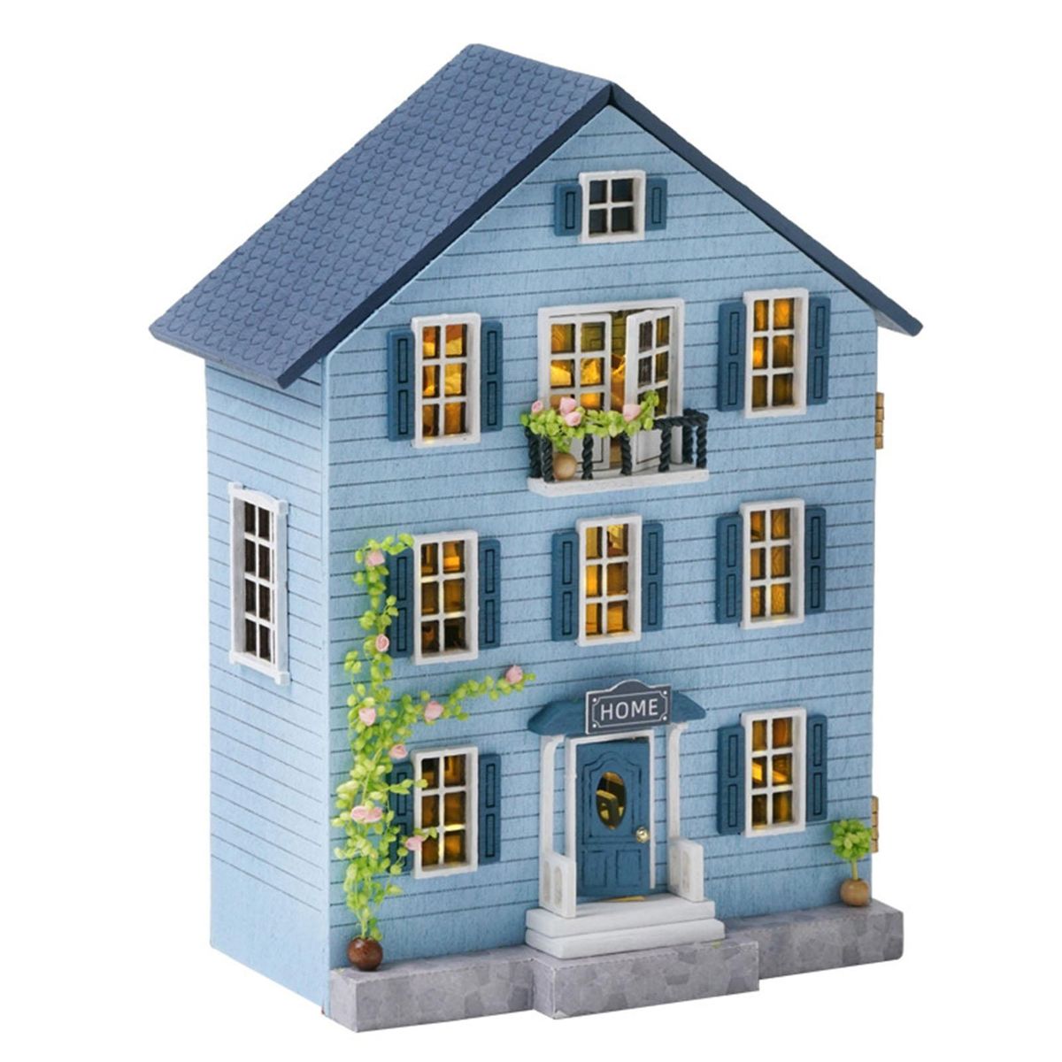 1 Set House Building Toy Wooden DIY Miniature House Children Toy Blue