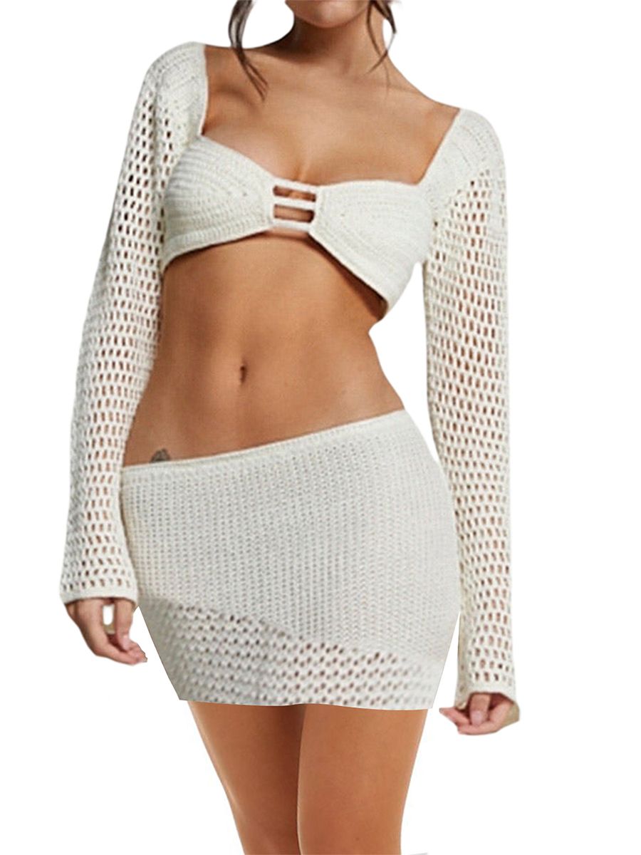 (White 3)Women Crochet Knitted Skirts Set Long Sleeve Bikini Hollow Out Lace Up Swimsuit Cover Ups 2pcs Outfits Set Swim Beachwear SMA