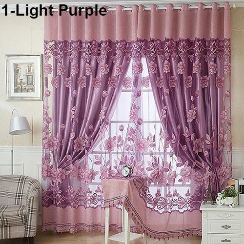 250cm x 100cm Flower Printed Tulle Sheer Door-Light Purple