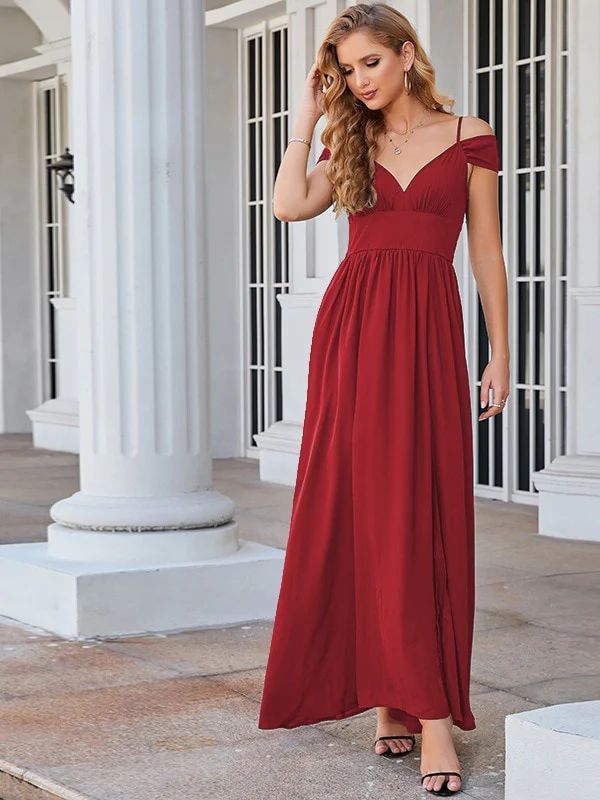 Ladies Split Thigh Contrast Lace Cold Shoulder Dress - Red