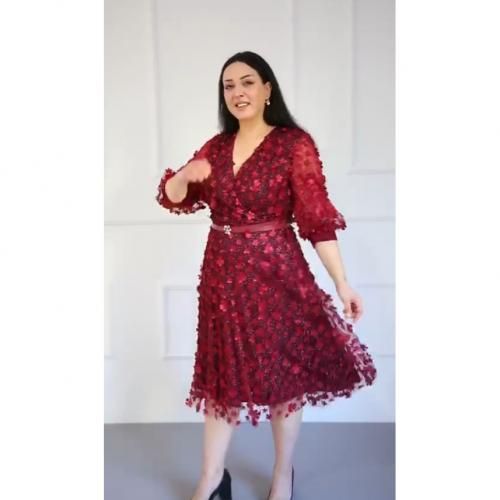 Turkey Lacey V Neck Over Knees Dress-Wine