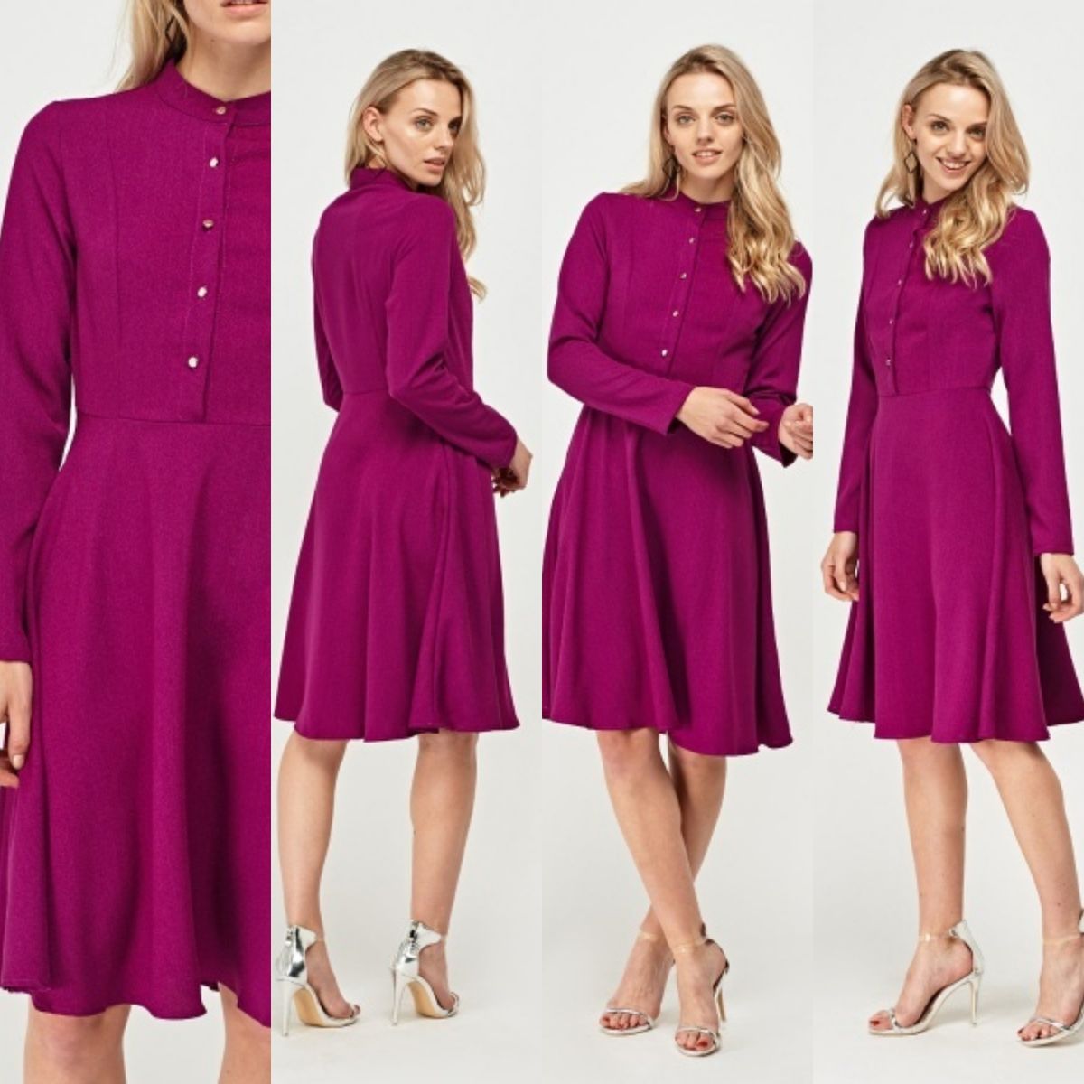Collection London Long Sleeve Flared Shirt Dress -  PURPLE