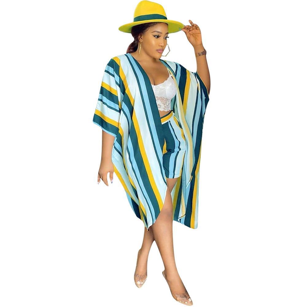 (Green)Women Summer Striped Print Two Pieces Set Elegant Ladies Fashion Casual Loose Beach Wear Set Short Sleeve X-long Blouse Shorts GRE
