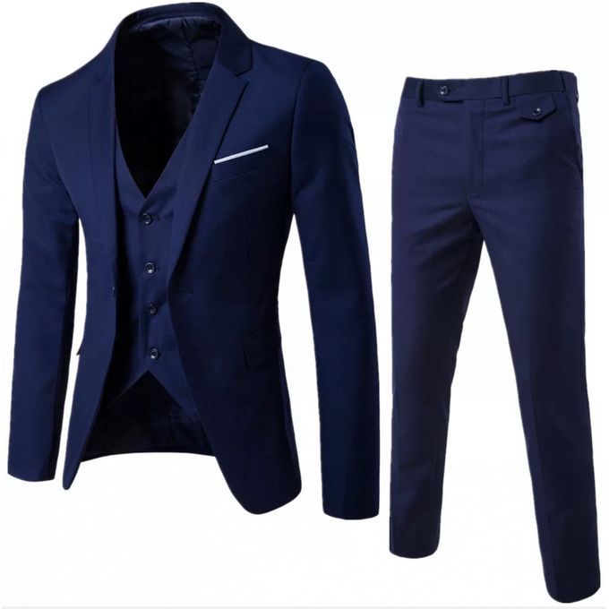 3 In 1 Men's Suits Coat Pants Vest Uniform Set-Navy Blue