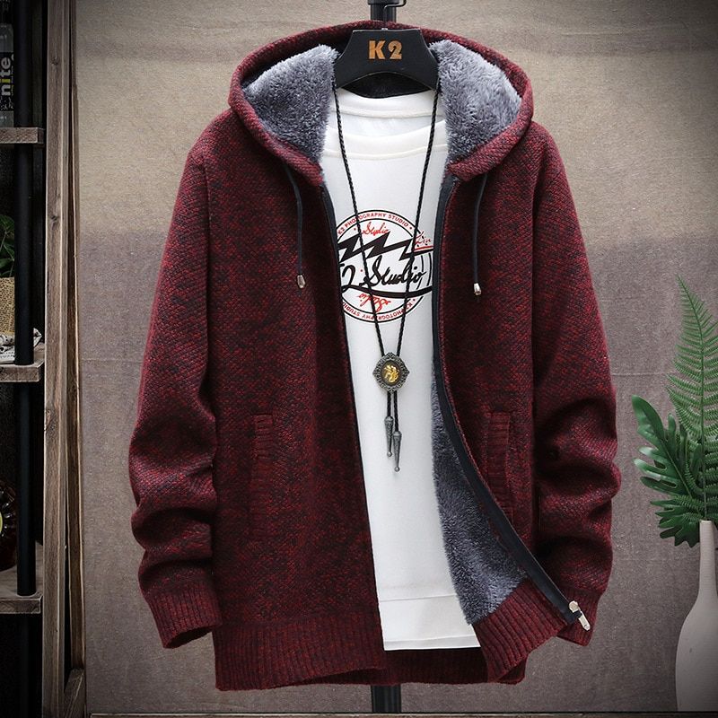 Winter Fleece Men Sweater Hooded Coat Cardigan Mens Knitted Sweater Jacket
