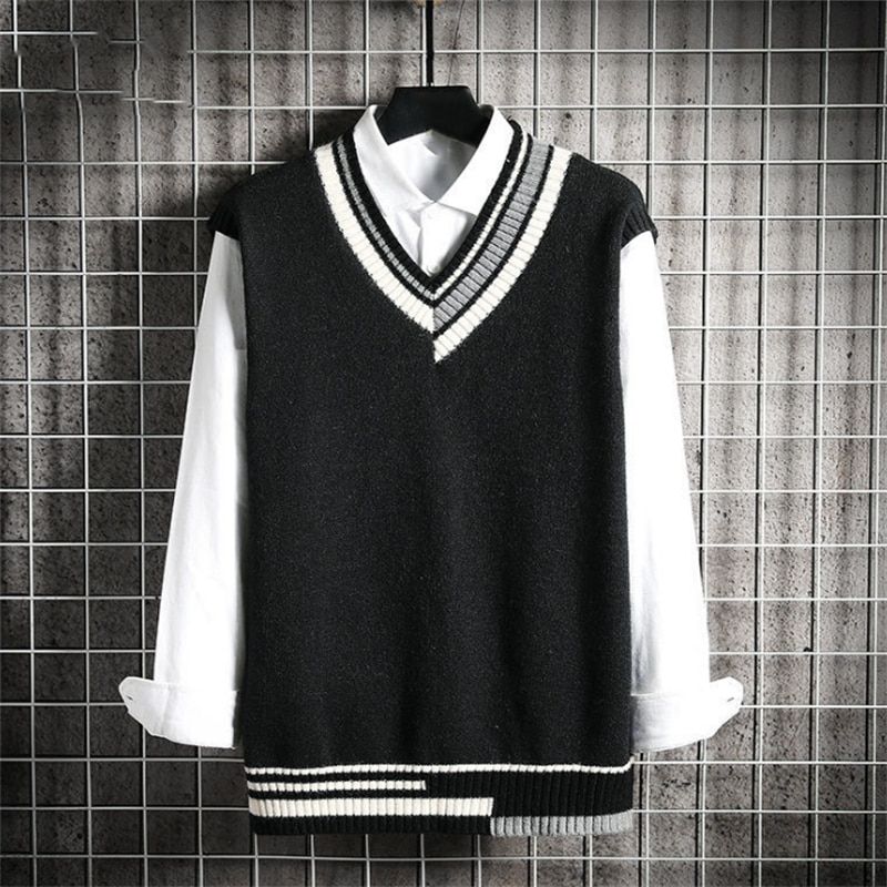 Men's V-neck Sweater Vest Loose Top Trend Wild Sleeveless Sweater-black