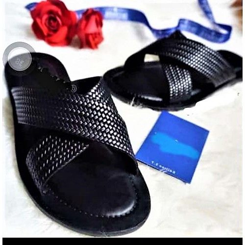 Men's Leather Cross Slippers - Black
