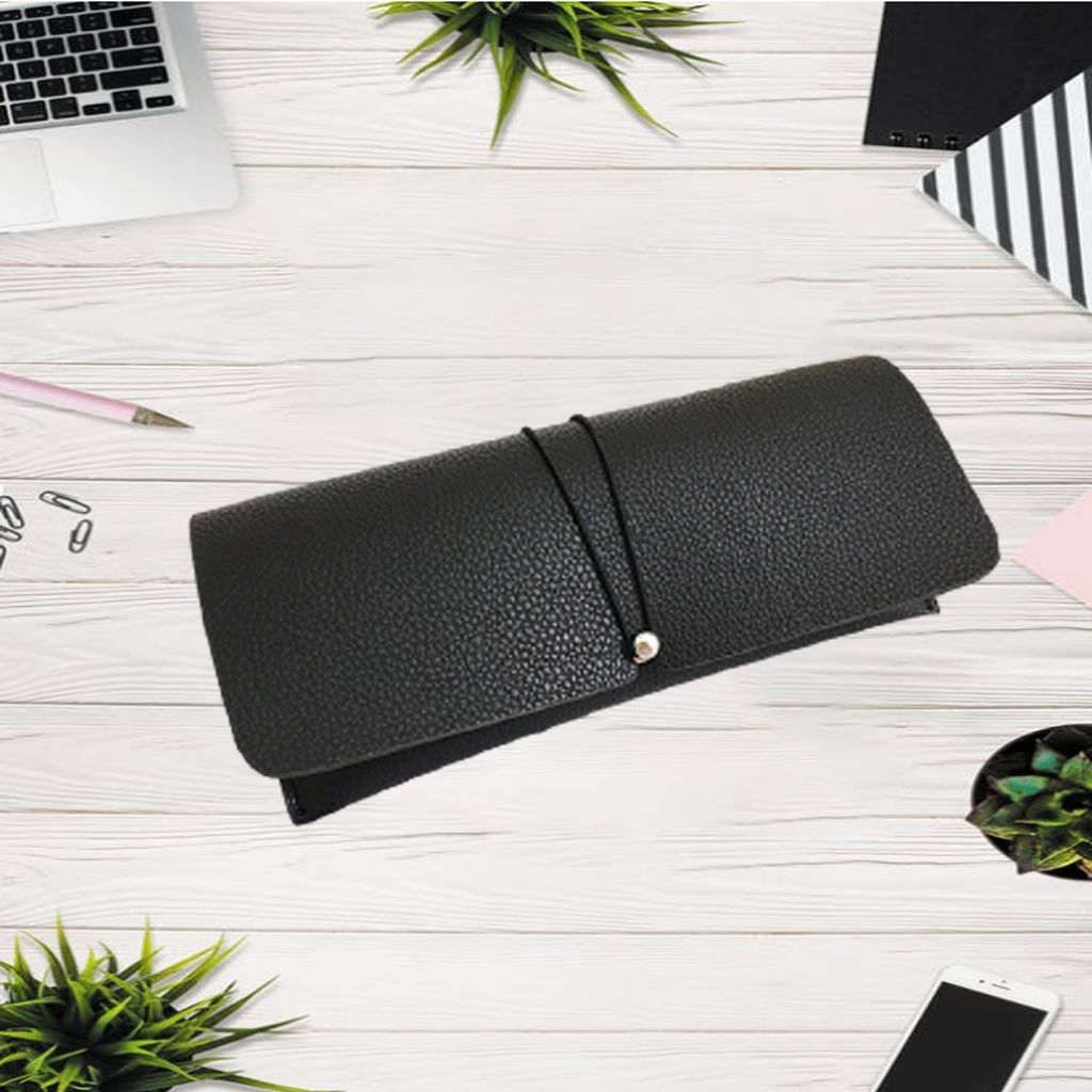 Soft Glasses Pouch PU Leather Slim Protective Bag Strap Design Black
