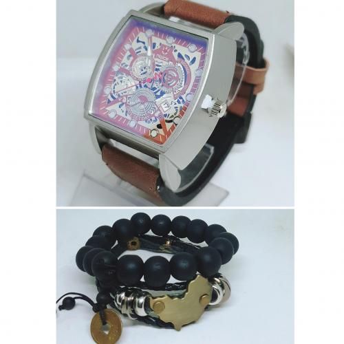 Men Brown Leather Wristwatch + Buckle Bracelet