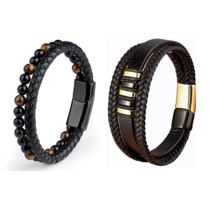 2 Sets Of Classic Men Unisex Leather 3 Layer Bracelets