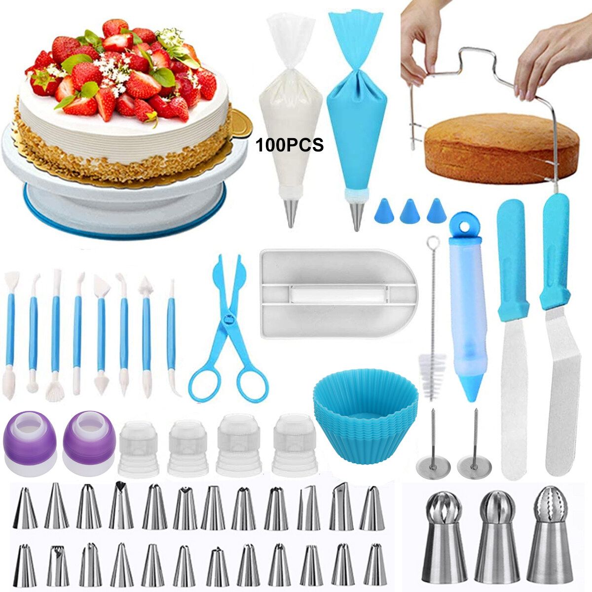 182pcs Cake Decorating Turntable Icing Nozzles Pen Spatula Stand Tools Set