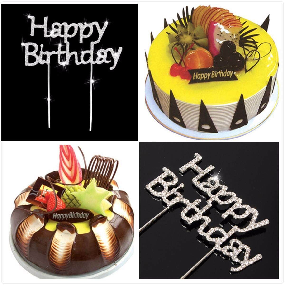 Crystal Silver Happy Birthday Cake Topper Birthday Party Supplies Favors Decor