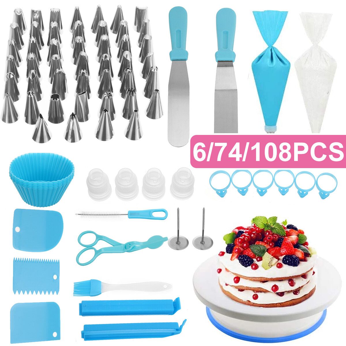 Cake Decorating Turntable Icing Nozzles Pen Spatula Stand Tools Set 6 Pcs