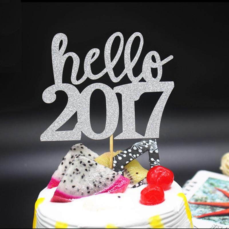 Multi Colors Christmas Flag Topper Hello 2017 Flags For Wedding Birthday Party Cake Baking Xmas New Year Decor Supplies Silver (silver)