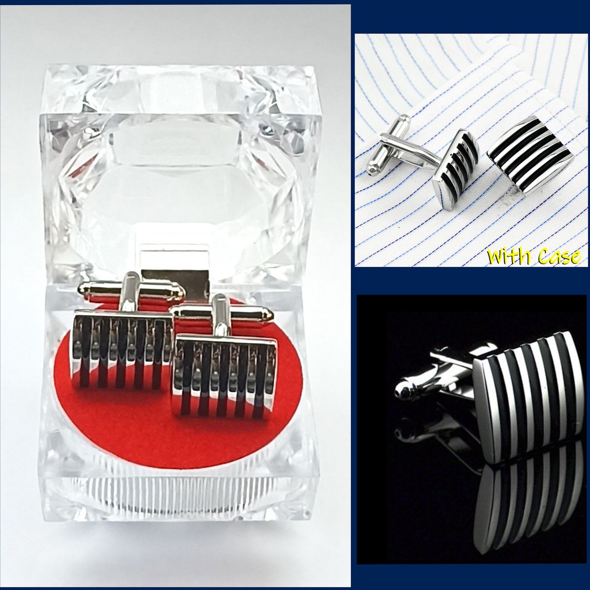 Silver & Black Plated Men Cufflinks Ridge Groove Pattern Cuff Links For Bosses