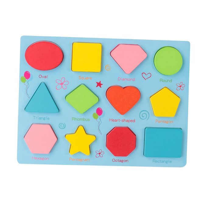 Wooden Geometry Puzzles Shapes Matching Board - 12 Shapes