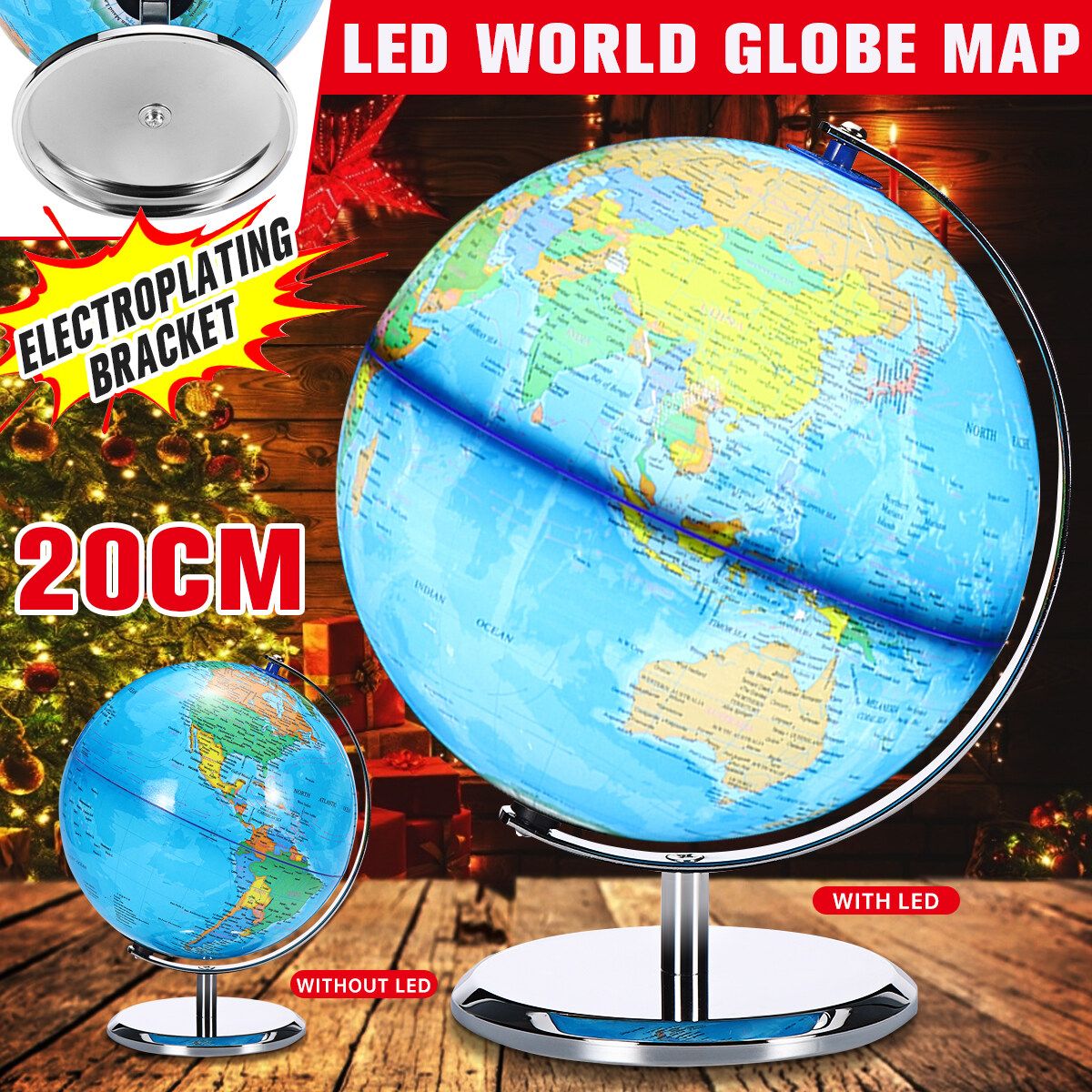 20cm 8inch Stand Rotating World Globe Map Kids Toy School Student Educational Gift With LED