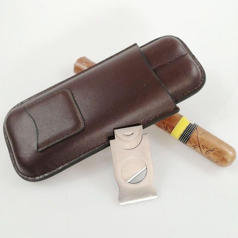 Leather Cigar Case With Scissor Holder 2 Or 3 Cuban Cigar
