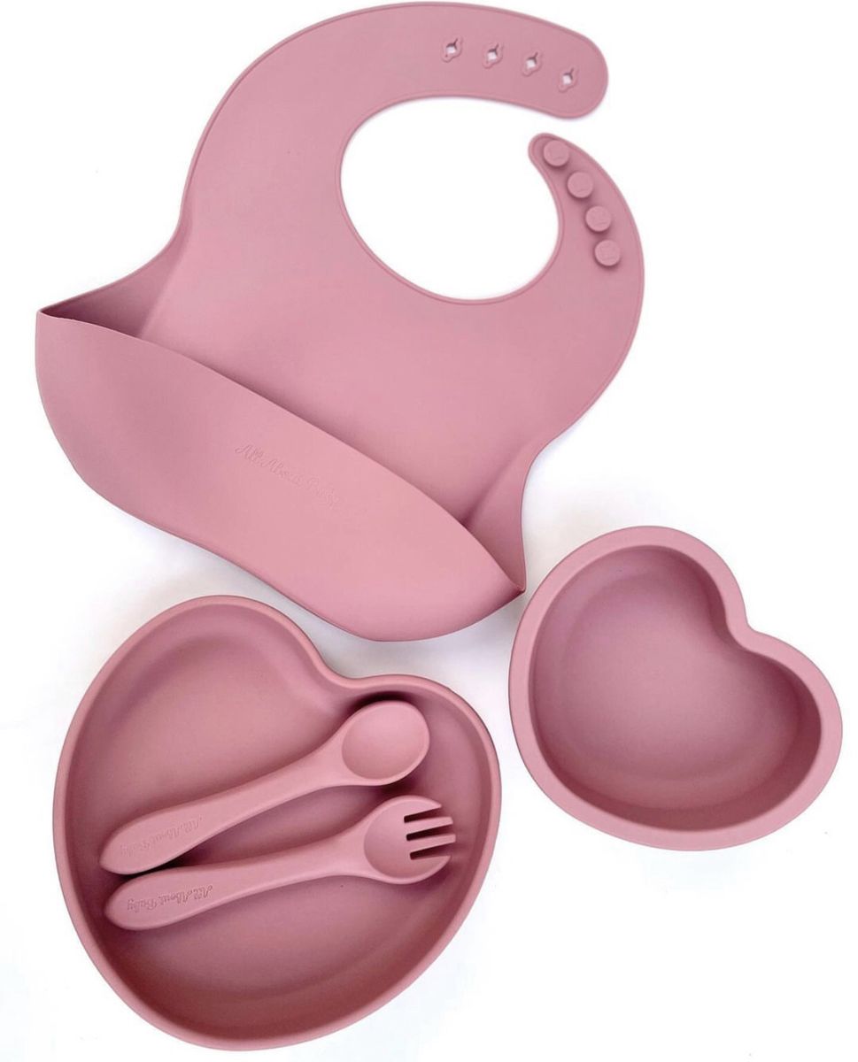 Silicon Suction Baby Heart Plate, Bowl, Bib Spoon And Fork Set