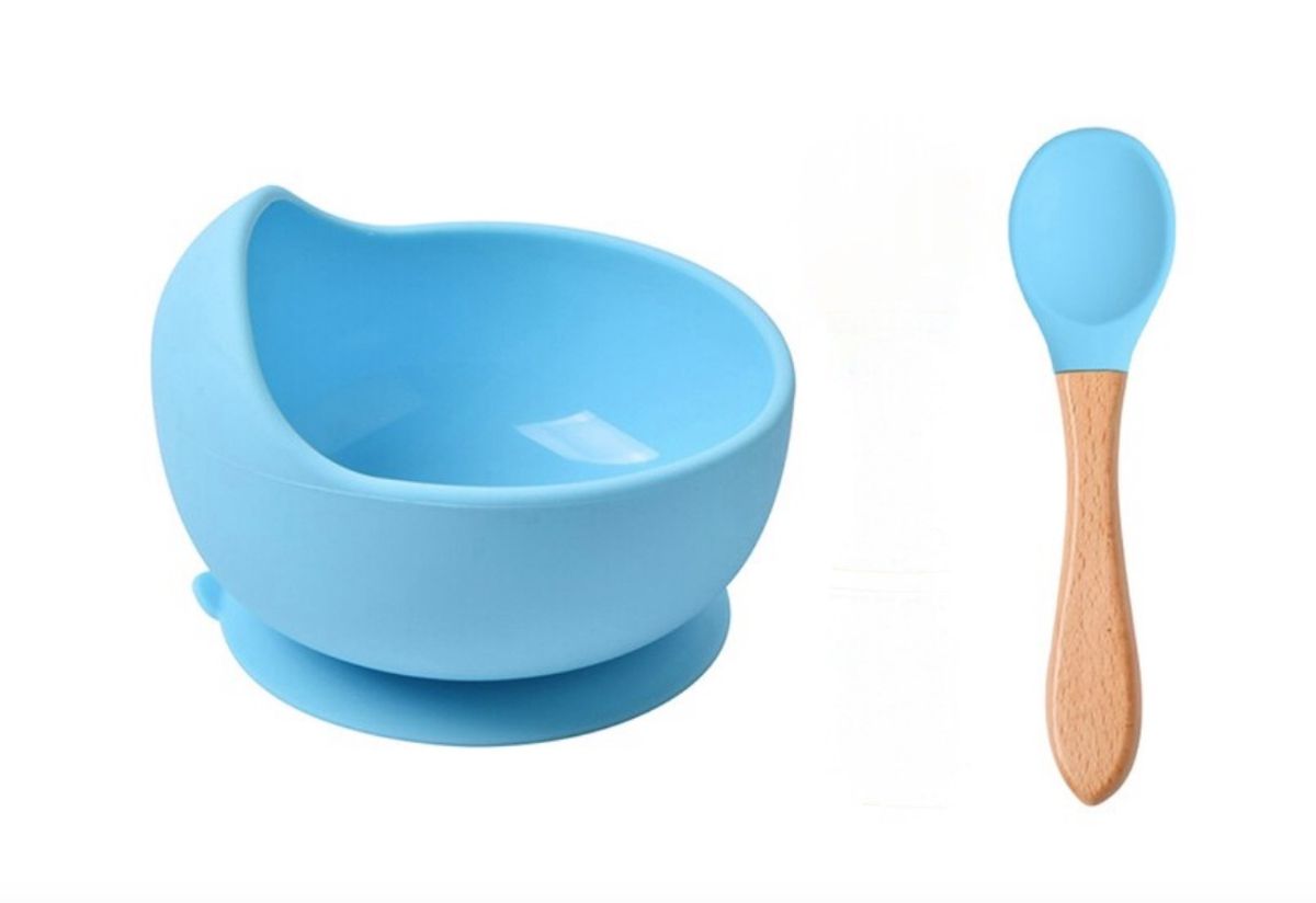 Silicon Suction Bowl And Spoon Set Baby Blue