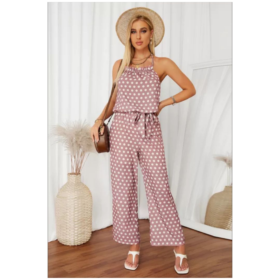 R Pink Polka Dot Chiffon Overall Jumpsuit