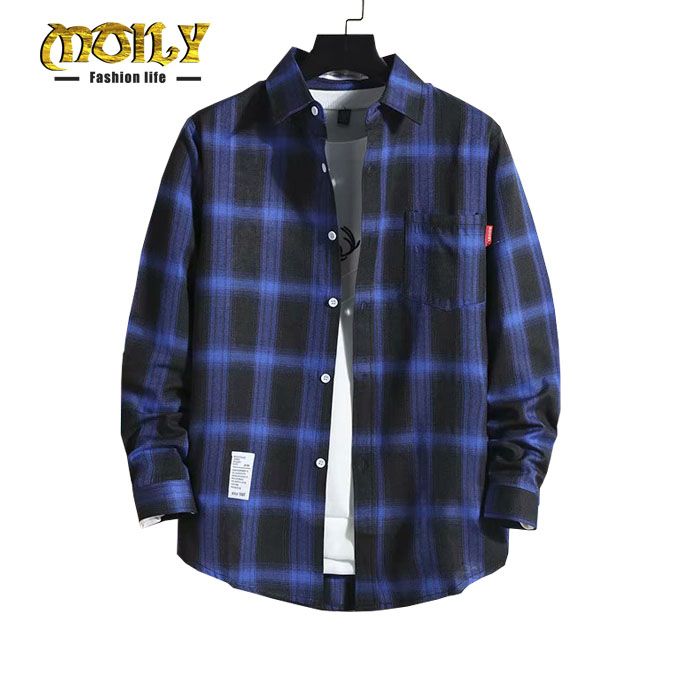 Men's Casual Fashion Plaid Long Sleeve Shirt - Blue