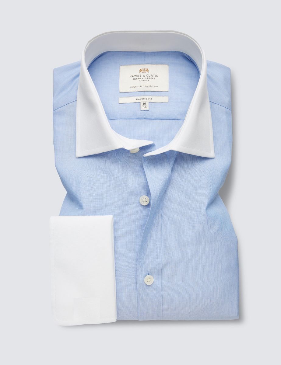 Men's Formal Blue End On End Plain Slim Fit Shirt With White Collar & Cuffs