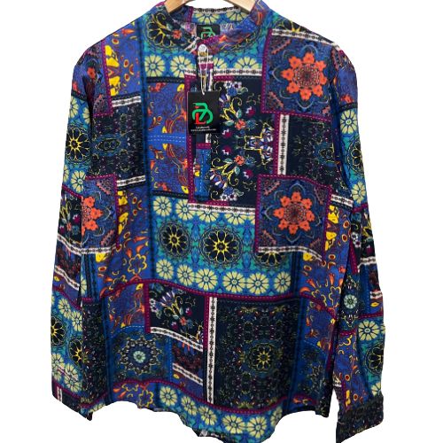 Men's Summer Hawaiian Beach Long Sleeves Flower Pattern Shirts-Blue