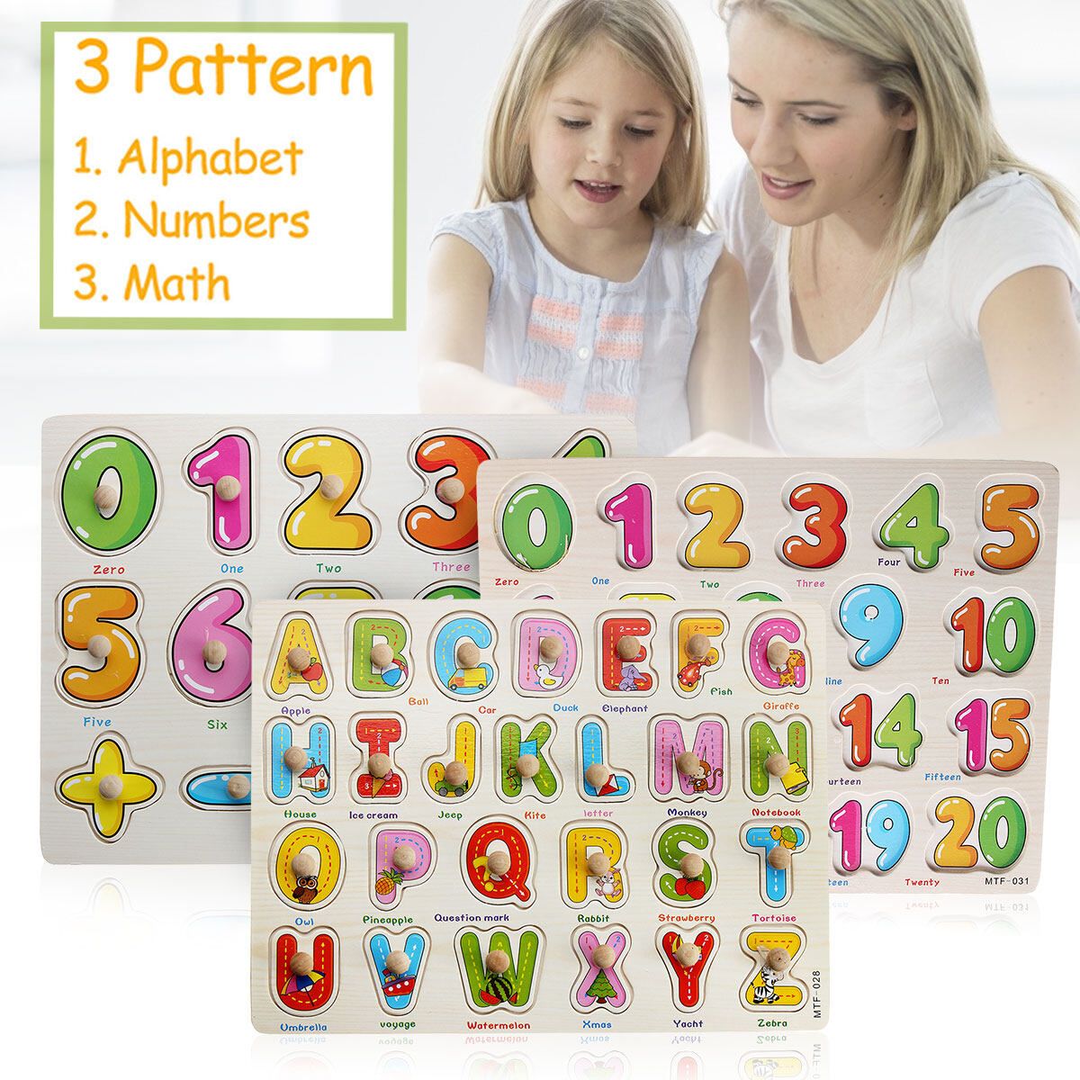 (30 X 22.2cm-Alphabet/Number/Math) Wooden Pegged Puzzle Set Inset Jigsaw Puzzle Learning Board Preschool Early Educational Development Toy Fun Game Gift For Kid Baby Toddler Maths