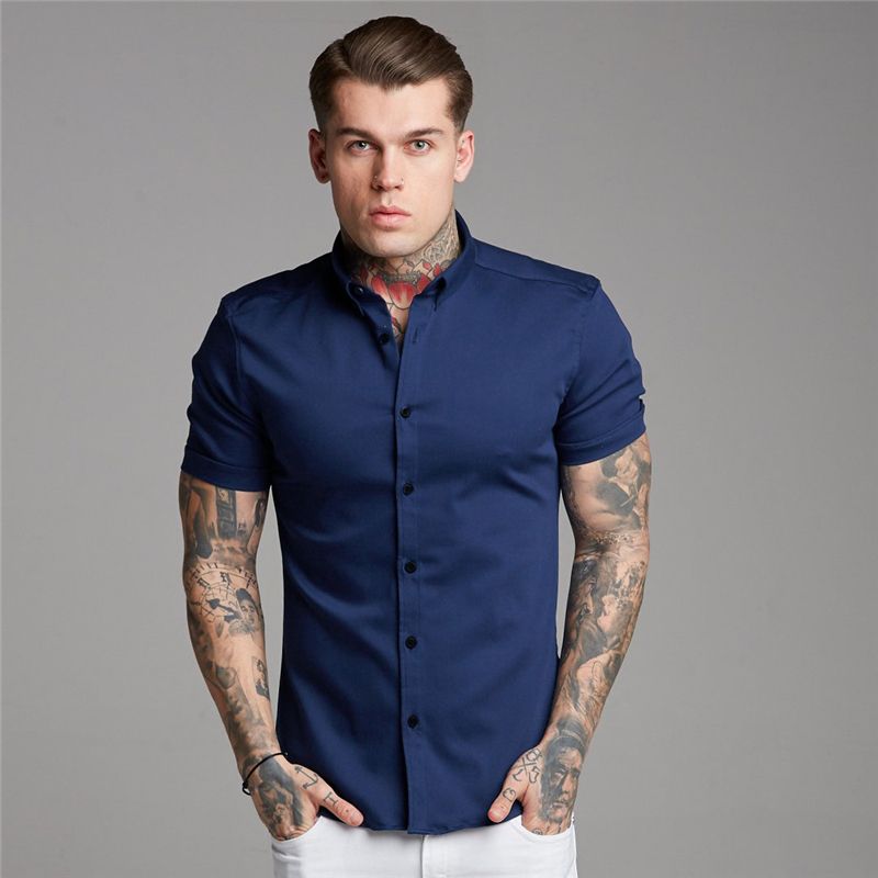 （turn-down Blue）Summer Mens Short Sleeve Shirt Solid Fitness Mens Stand Collar