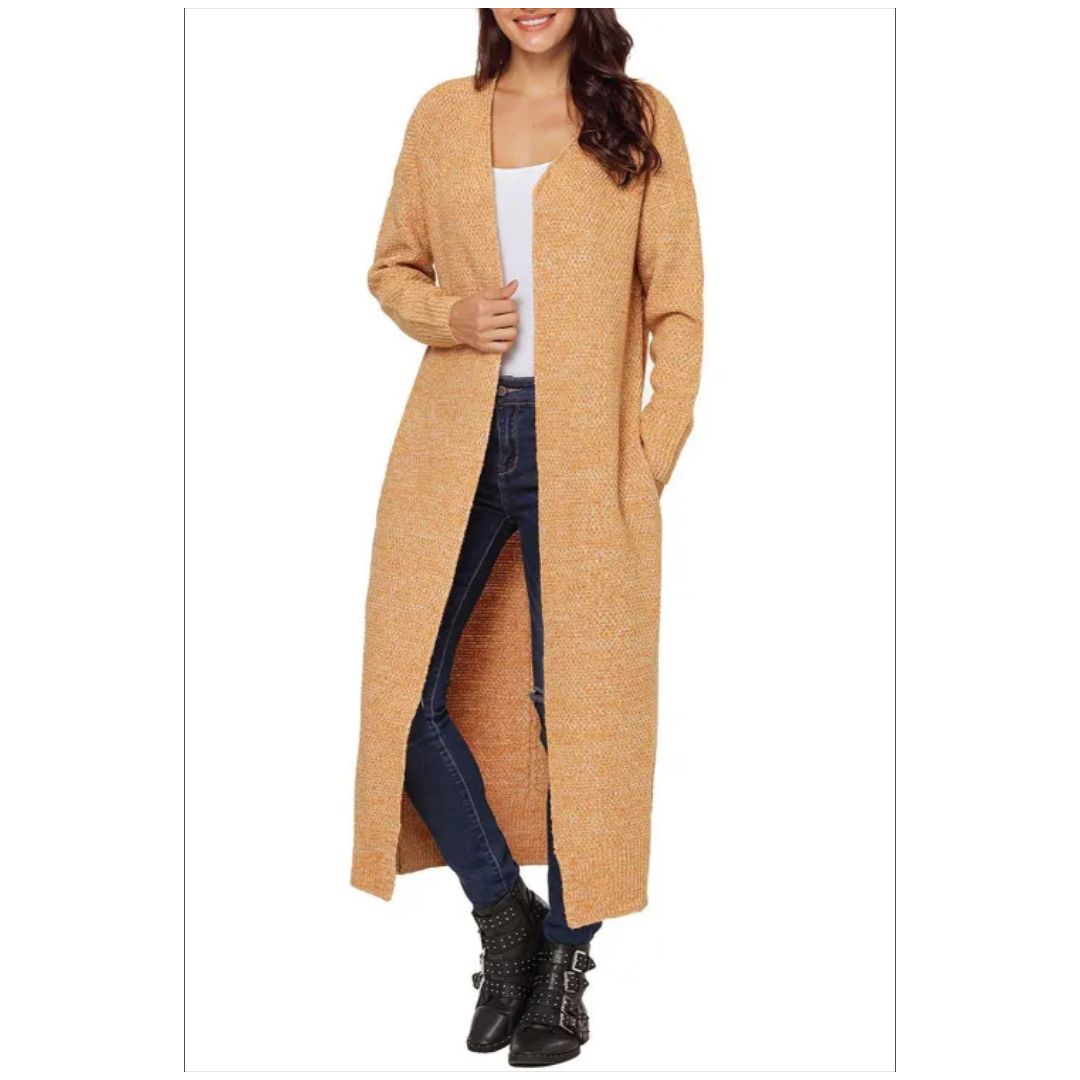 R Yellow Open Front Knit Long Cardigan