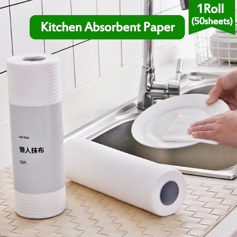50 Sheets Non-woven Cloth Sackcloth Lazy Rag Dry And Wet Kitchen Paper Towel Roll Paper Absorbent Oil And Water Absorption Clean Stove/ Tableware/ Wok White
