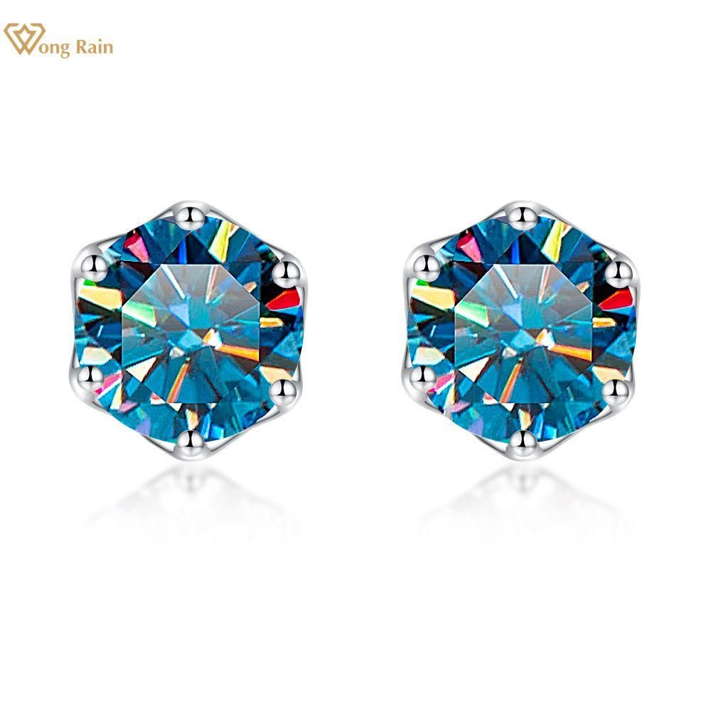 Wong Rain 925 Sterling Silver Round Cut 2CT Real Moissanite Diamonds Wedding Engagement Studs Earrings Fine Jewelry With GRA