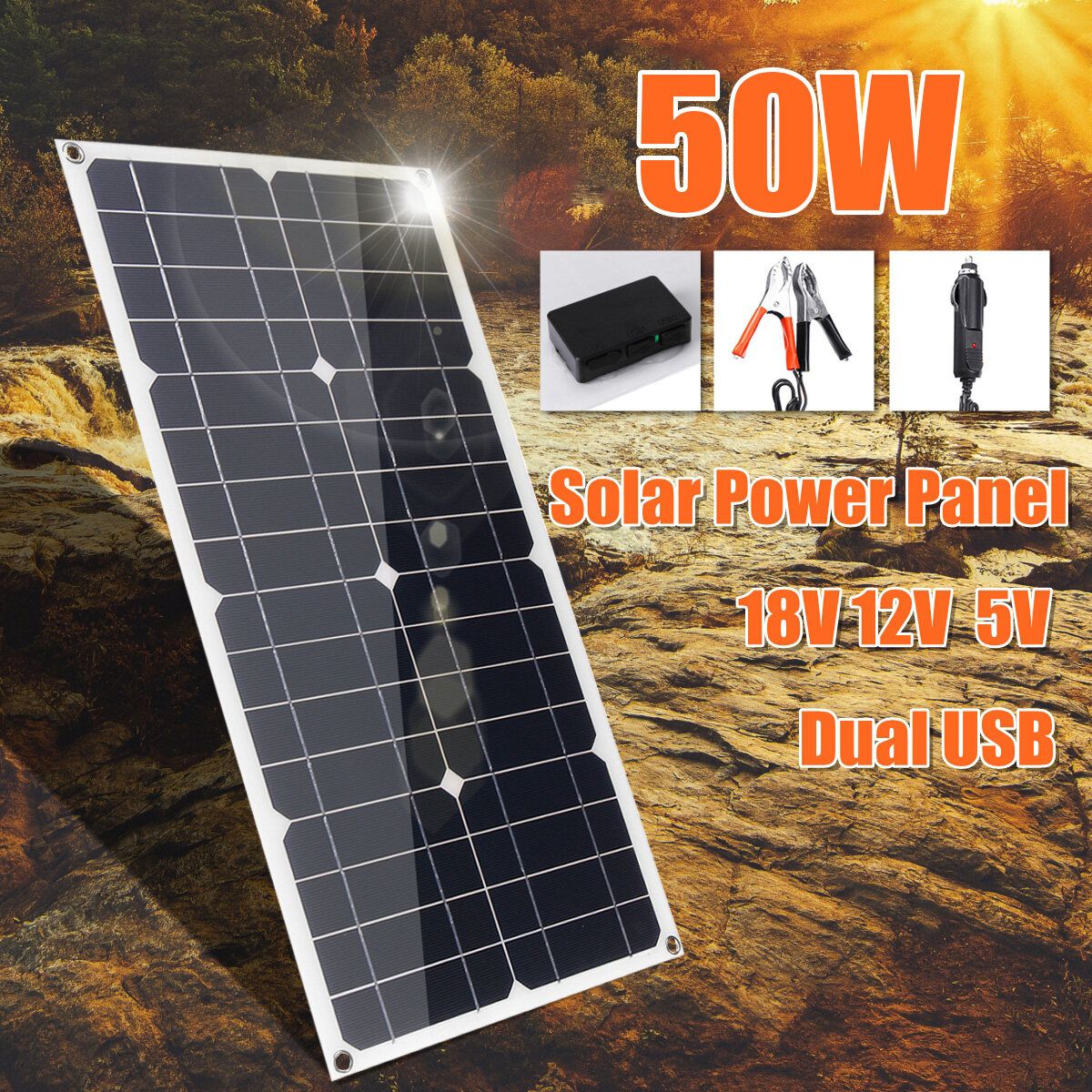 50W 18V Solar Panel Waterproof Solar Cell Module Kit +USB Port For 12V Car Charger Monocrystalline Cells Hause, RV, Boat, Roof,+ 10A Solar Controller (Optional)