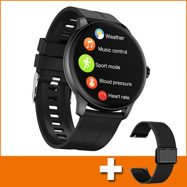 Smart Watch Women Full Touch Screen Fitness Tracker IP67 Waterproof Bluetooth Call Round Smartwatch Men For Android IOS MI Phone(#black Add Strap)