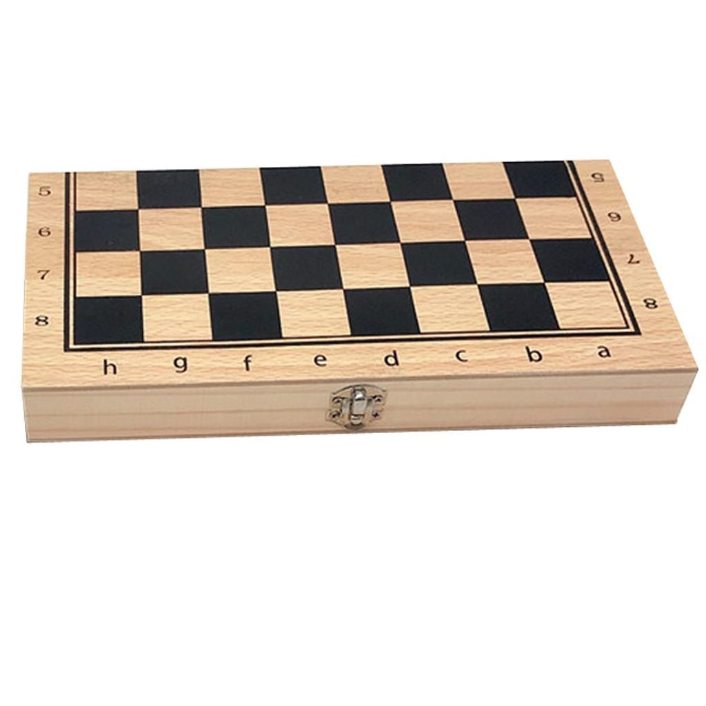 Folding Wooden Chess Board And Two Type Draughts Round Pieces Set