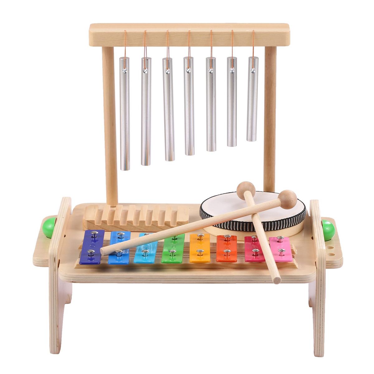 Wind Chime Combination Set Kids Drum Set Windchime Xylophone Drum Wood Guiro Scraper 4-in-1 Musical Instruments Set with 2 Mallets Natural Wooden Music Kit Birthday Gifts for Little Girls Boys Kids Aged 3+