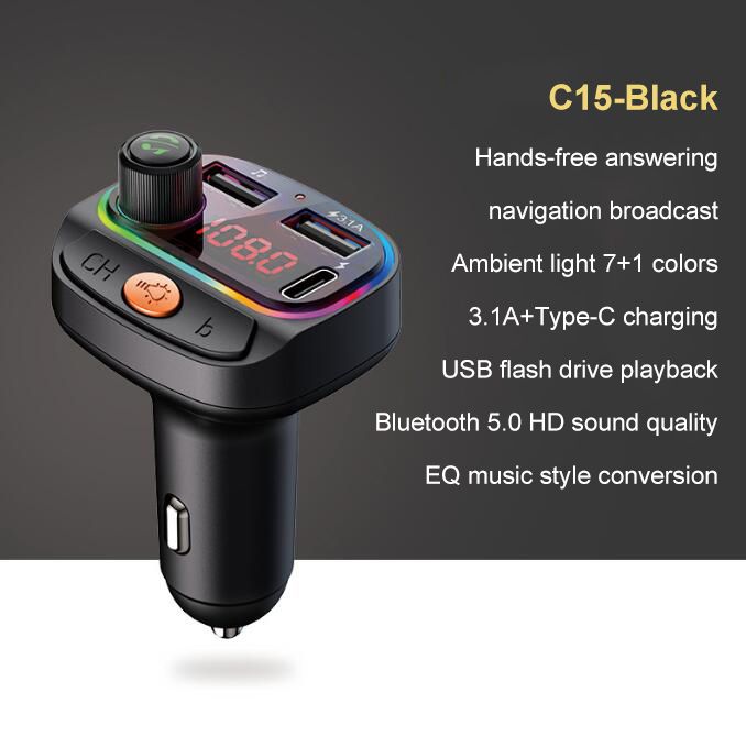 （C15-Black）2022New Car Fast Charger Auto Charger Quick Chargering 4.0 3.0 USB With Bluetooth 5.0 For Huawei Xiaomi Samsung IPhone 12 13